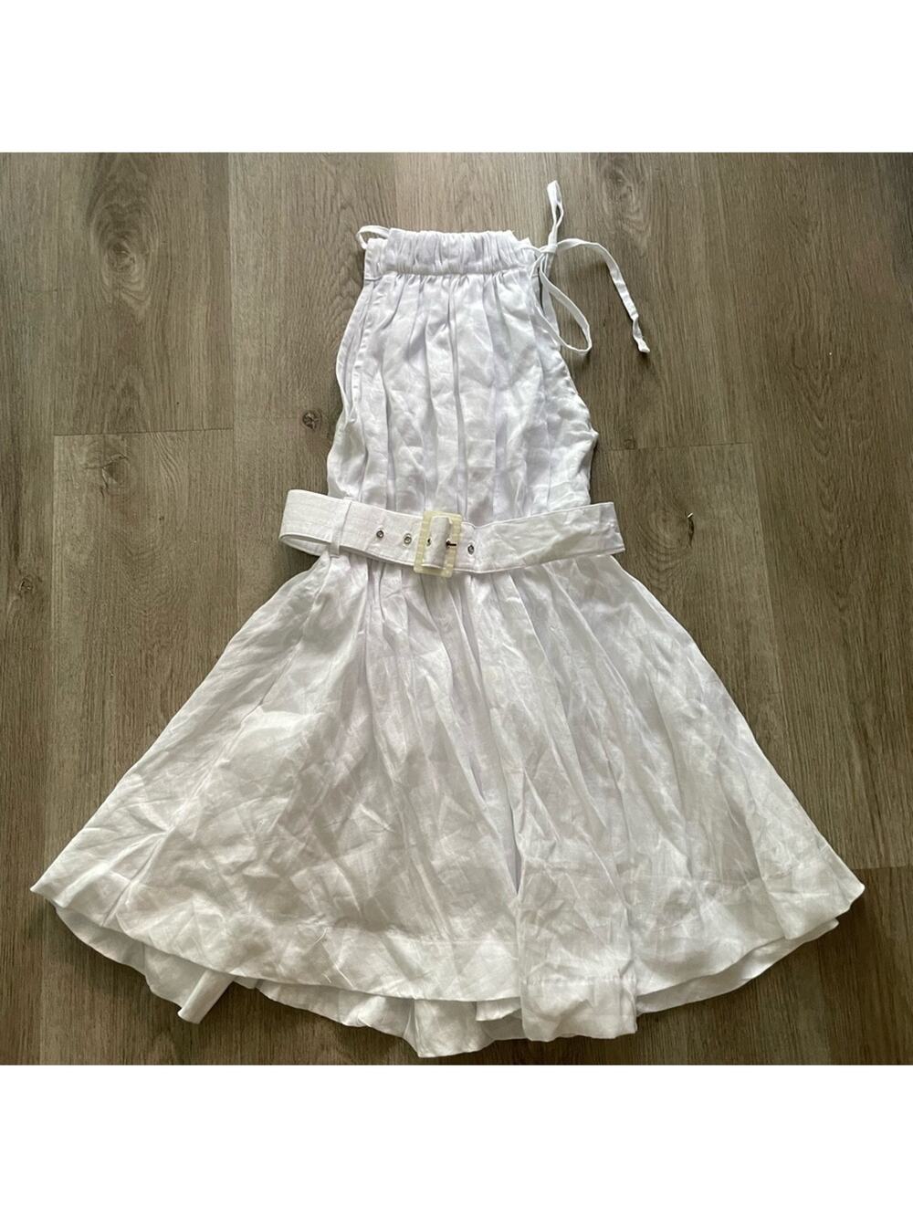 lusana jolie white linen high neck belted fit & flare mini summer dress small